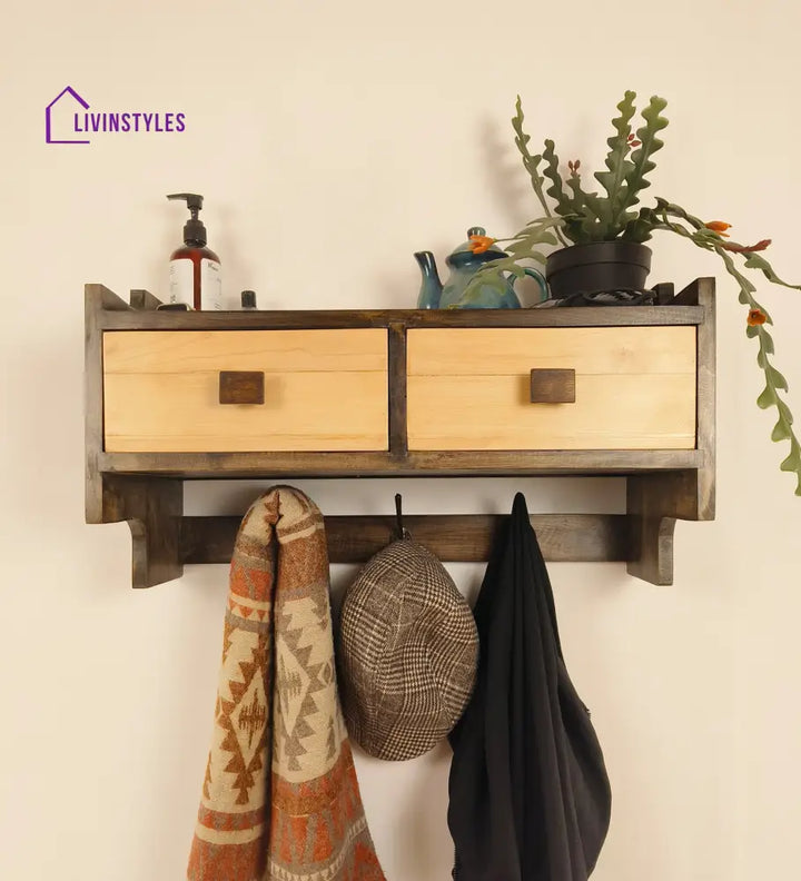 Golden Oak Wooden Wall Shelf With Drawers & Key Holders Organiser