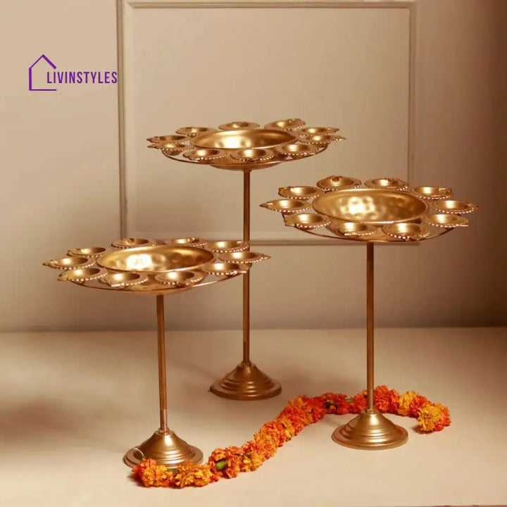 Golden Petals Design Urli Diya Stand | Gold Set Of 3