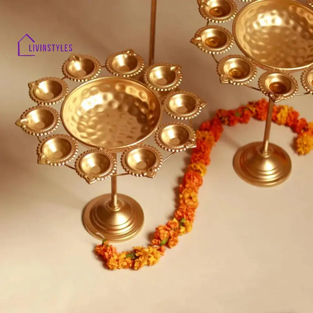 Golden Petals Design Urli Diya Stand | Gold Set Of 3