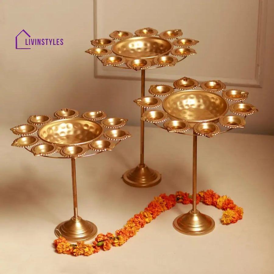 Golden Petals Design Urli Diya Stand | Set Of 3