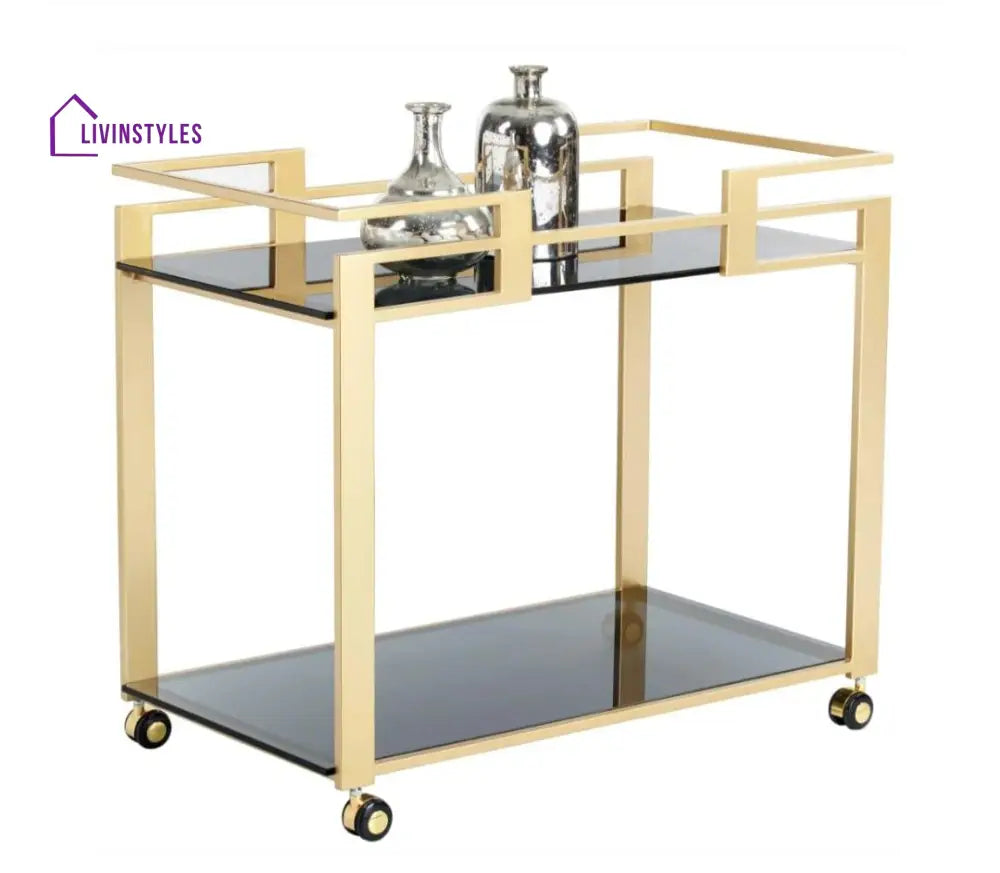 Golden Rectangle Serving Trolley With Glass Shelves Trays