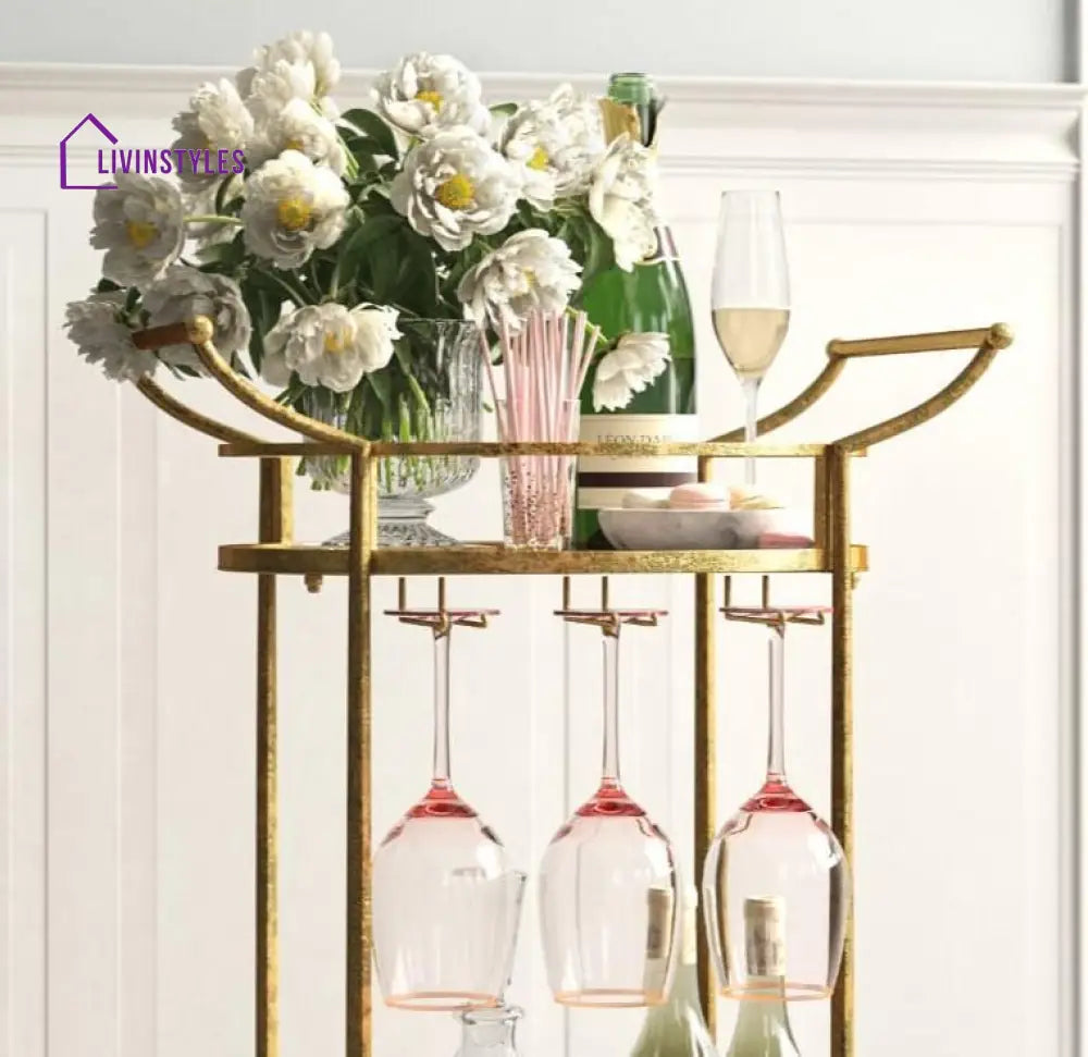 Golden Round Two Tier Bar Cart Trolley With Clear Glass Shelves Serving Trays