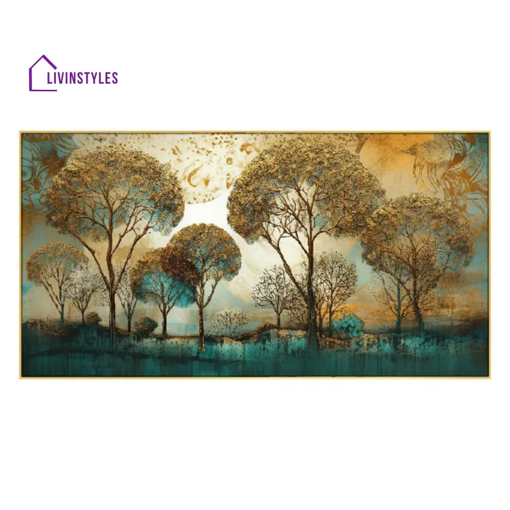 Golden Trees: Tranquil Blue Serenity Wall Painting