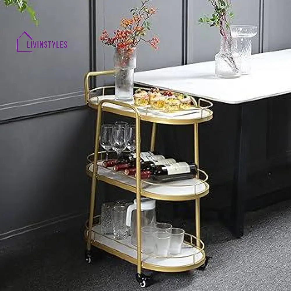 Golden & White Three Tier Bar Cart Trolley - Space Saving Organizer Serving Trays