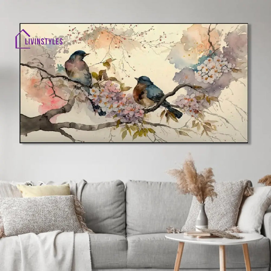 Graceful Birds On Flowered Branch Wall Painting