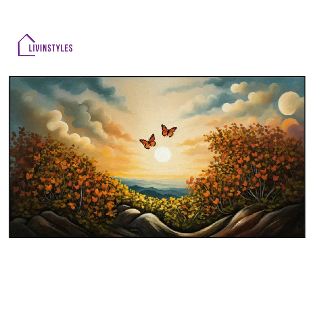 Graceful Butterflies Over Majestic Mountain Wall Painting