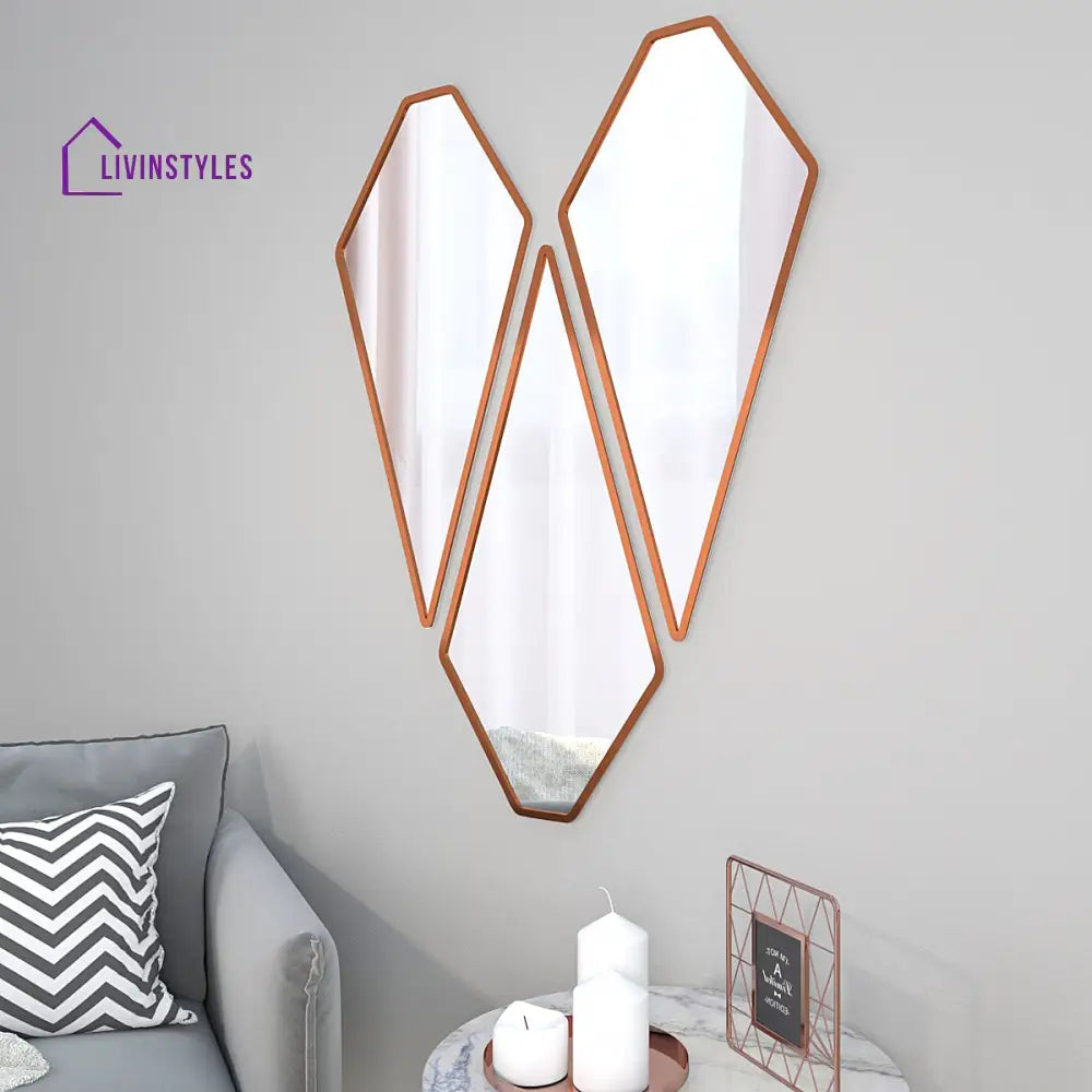 Graceful Diamond Cut Copper Finish Vanity Mirrors Set Of 3