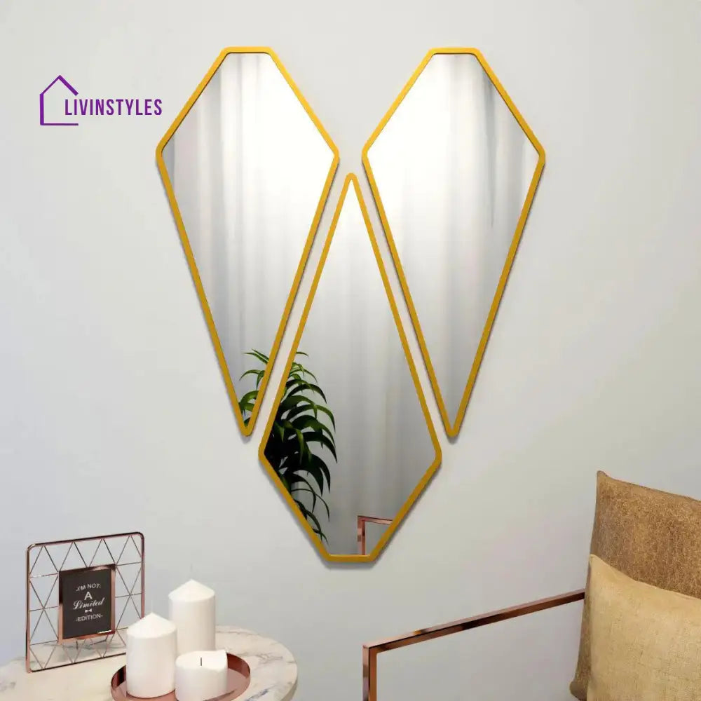 Graceful Diamond Shape Vanity Mirrors (Set Of 3) In Golden Finish Frame