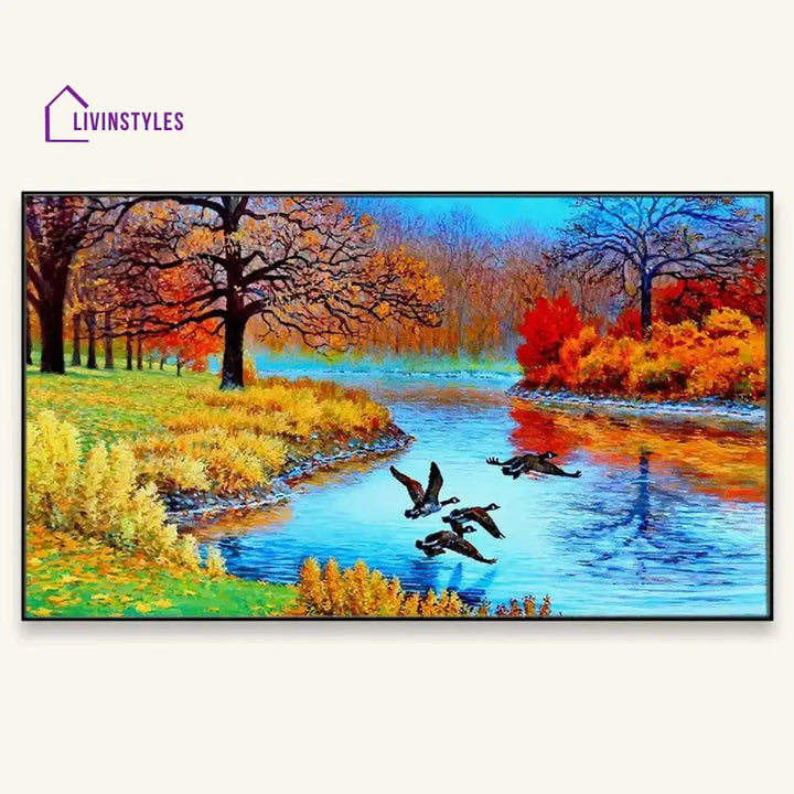 Graceful Ducks Over Serene River Wall Painting