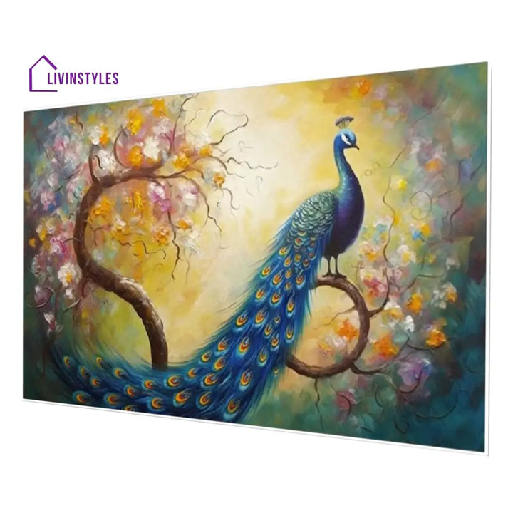 Graceful Peacock On Flowered Branch Wall Painting