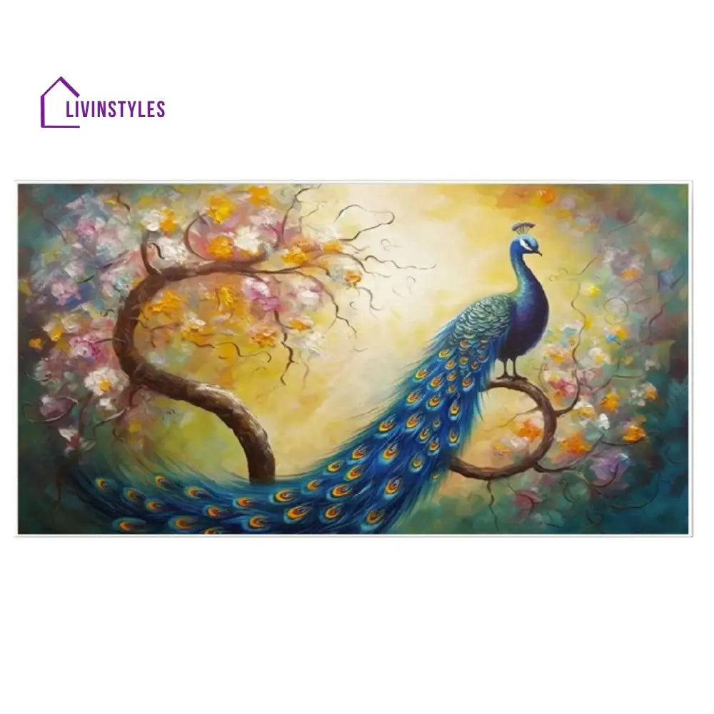 Graceful Peacock On Flowered Branch Wall Painting