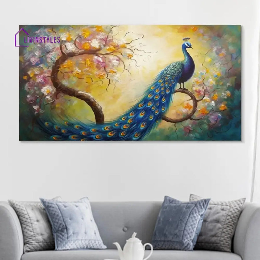 Graceful Peacock On Flowered Branch Wall Painting