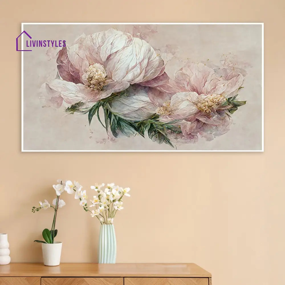 Graceful Pink Peonies On Beige Wall Painting