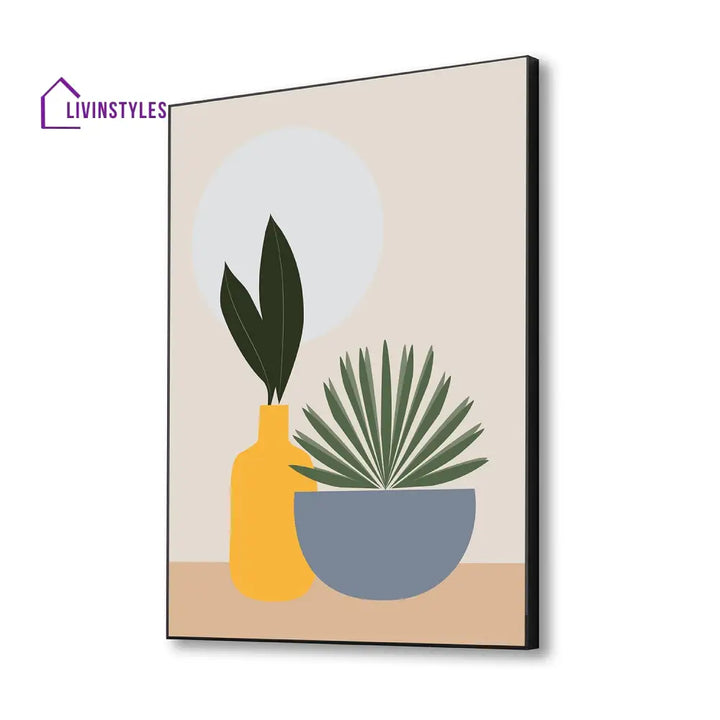 Graceful Plant And Elegant Vase Canvas Wall Painting 16 X 20 Inch / Black Floating Frame