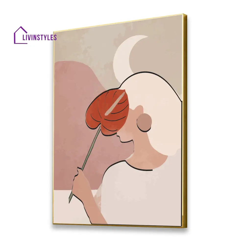 Graceful Woman With Pink Leaf Canvas Art Printed Wall Painting 16 X 20 Inch / Gold Floating Frame