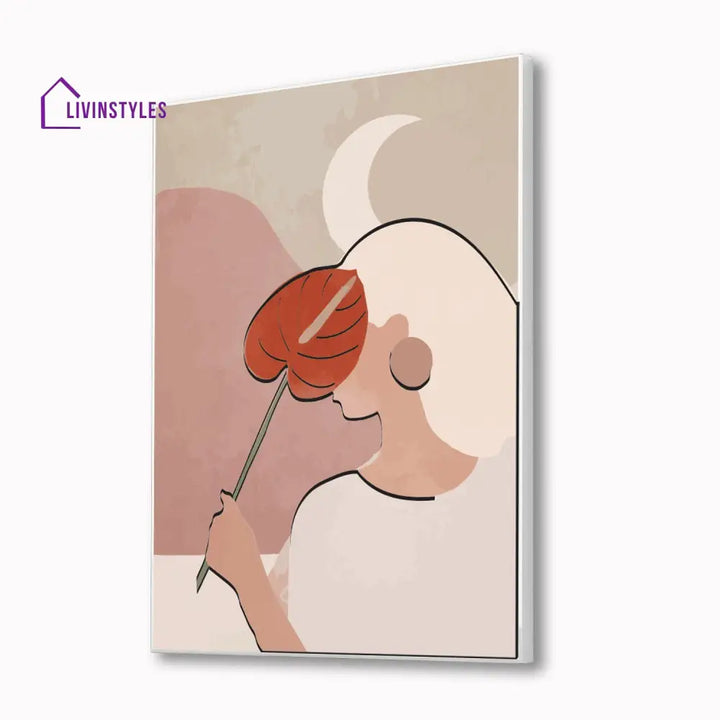 Graceful Woman With Pink Leaf Canvas Art Printed Wall Painting 16 X 20 Inch / White Floating Frame