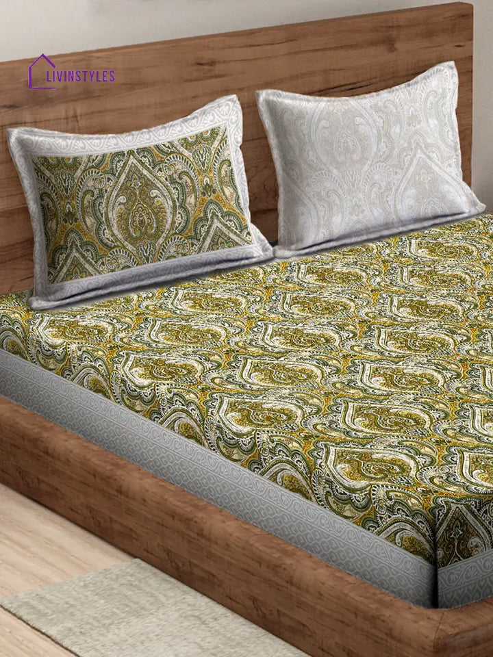 Greeen And Yellow Ethnic Motifs 144 Tc Cotton Double Bed Sheet With 2 Pillow Covers