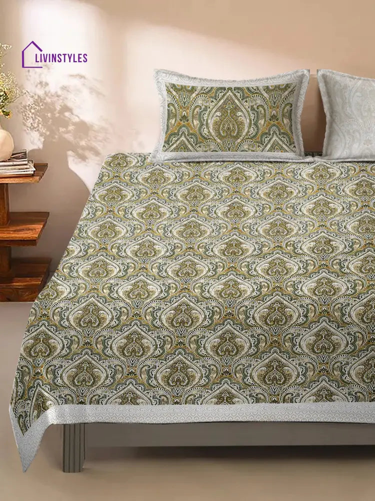 Greeen And Yellow Ethnic Motifs 144 Tc Cotton Double Bed Sheet With 2 Pillow Covers