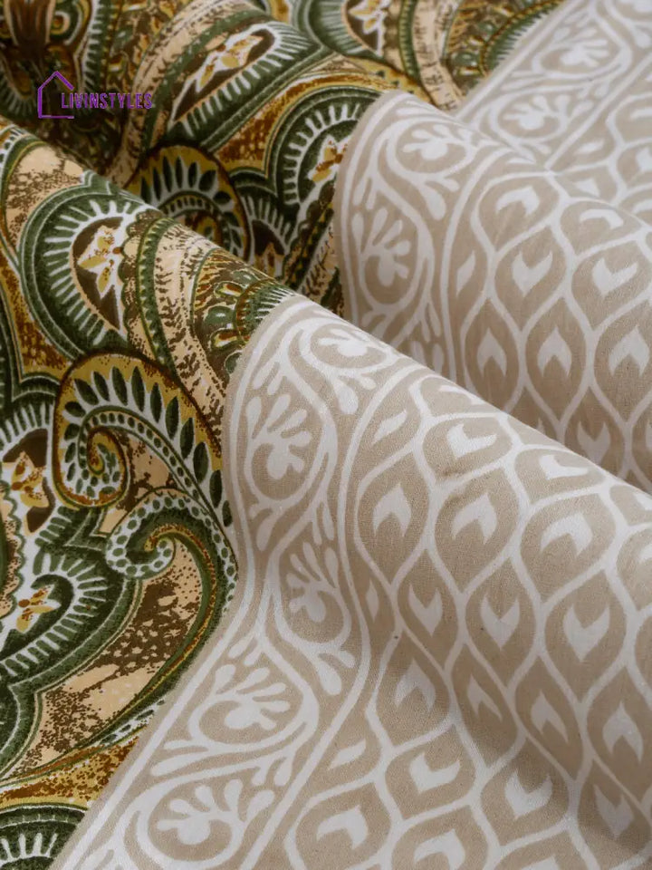 Greeen And Yellow Ethnic Motifs 144 Tc Cotton Double Bed Sheet With 2 Pillow Covers