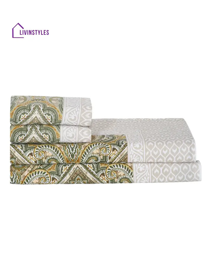 Greeen And Yellow Ethnic Motifs 144 Tc Cotton Double Bed Sheet With 2 Pillow Covers