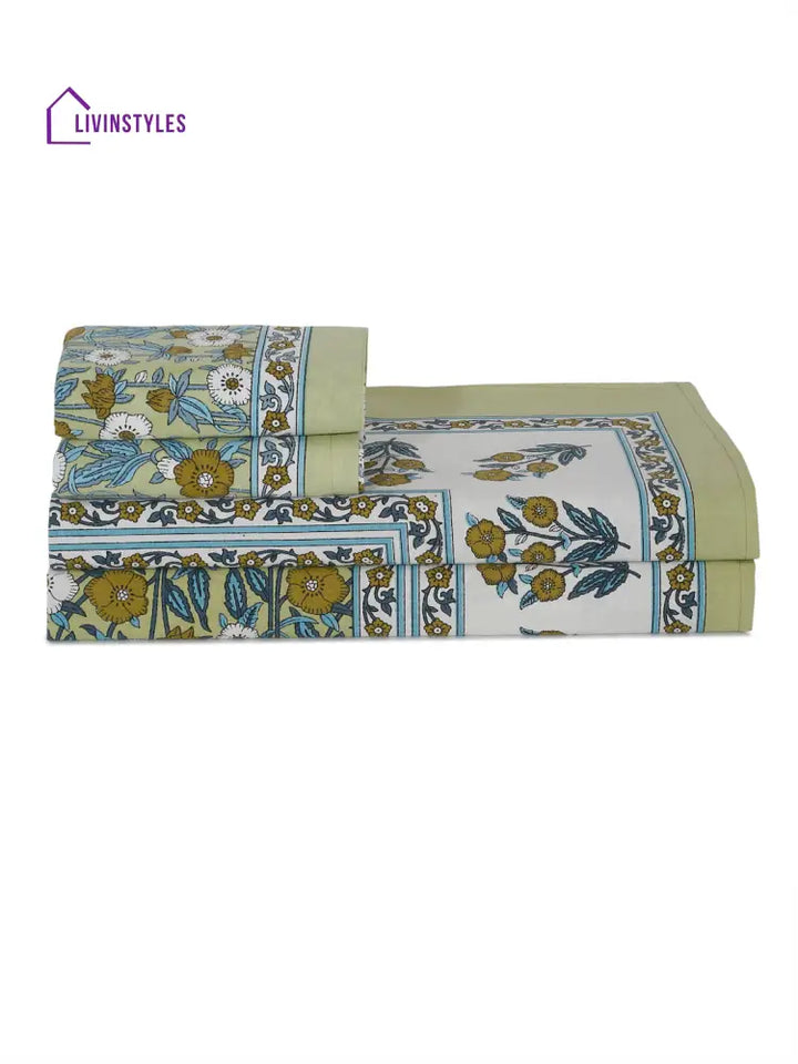 Green Floral Print Cotton Double Bed Sheet With 2 Pillow Covers