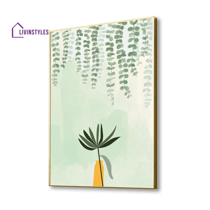 Green Plant In Yellow Vase Canvas Wall Painting 16 X 20 Inch / Gold Floating Frame