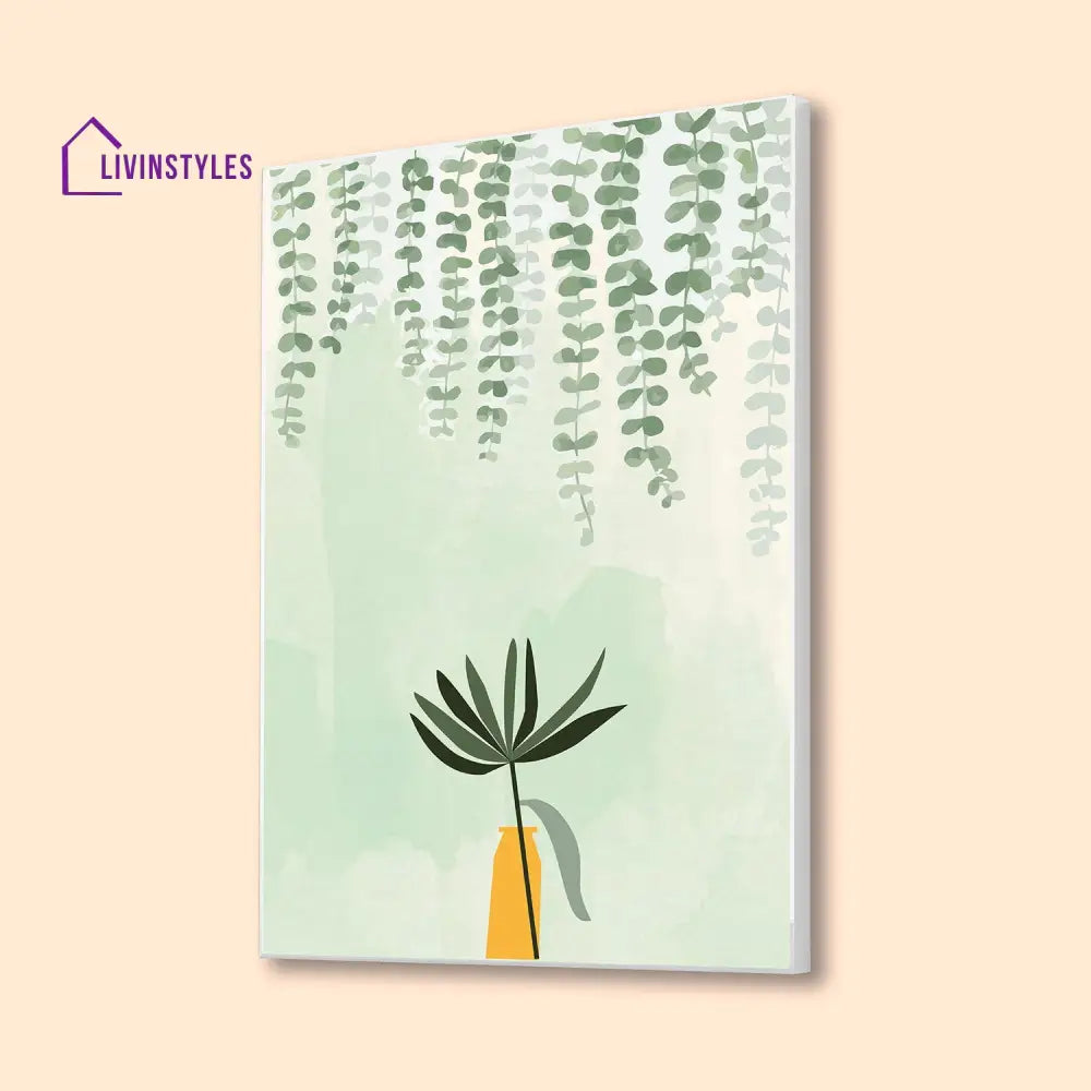 Green Plant In Yellow Vase Canvas Wall Painting 16 X 20 Inch / White Floating Frame