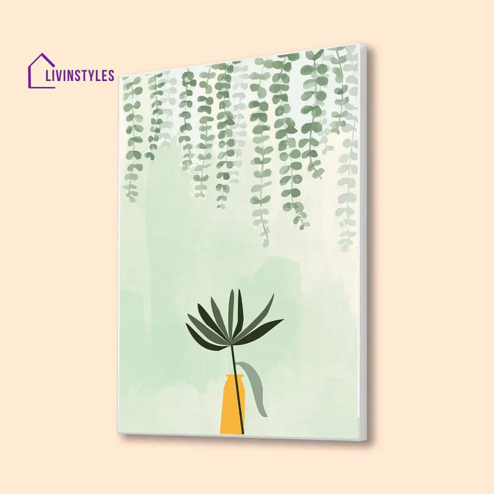 Green Plant In Yellow Vase Canvas Wall Painting 16 X 20 Inch / White Floating Frame