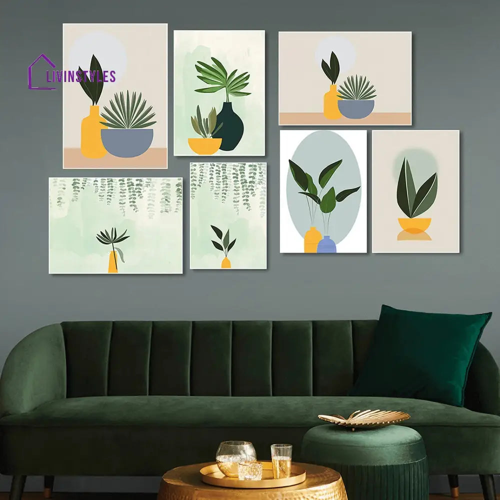 Green Plant In Yellow Vase Canvas Wall Painting