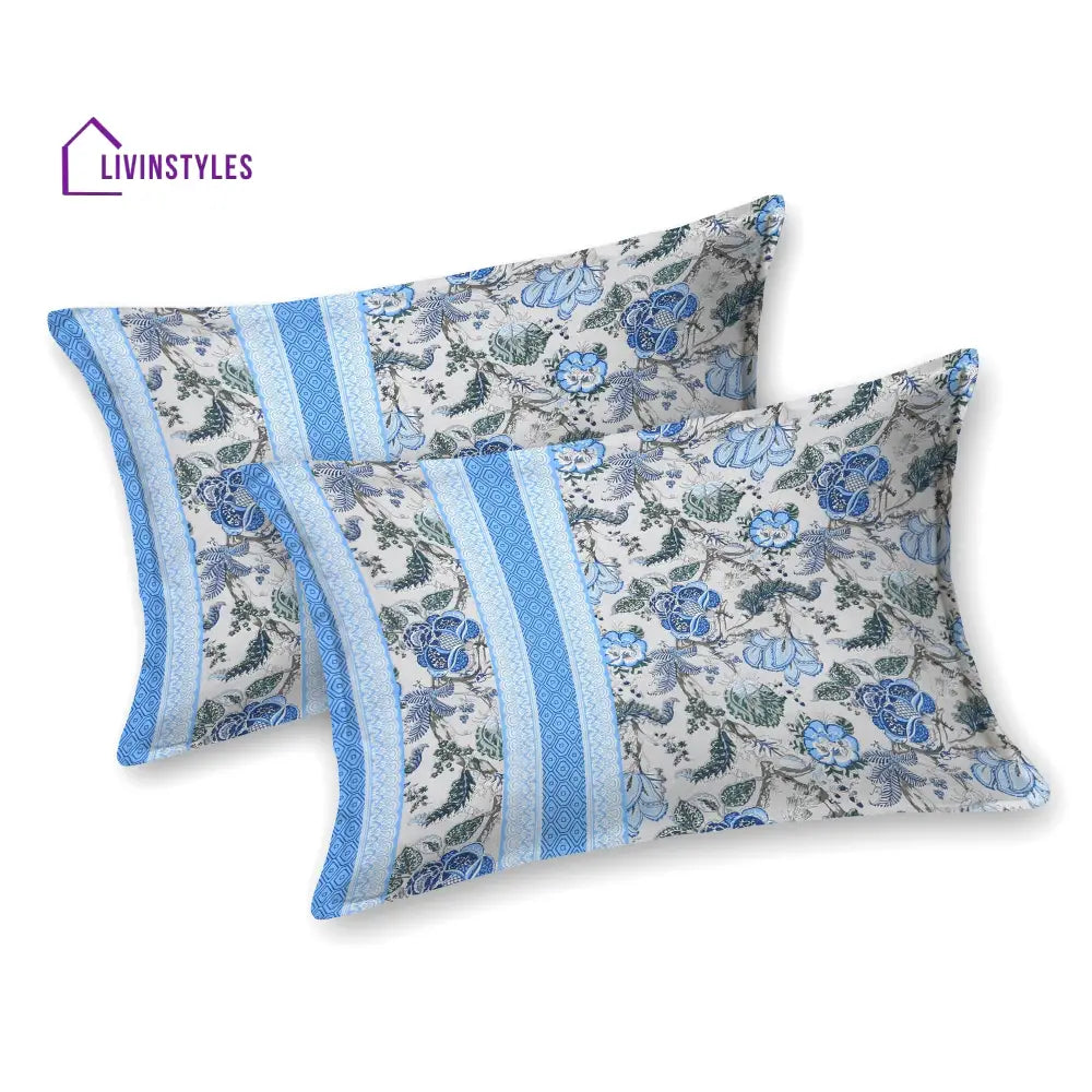 Grey And Blue Floral Print Super King Cotton Bed Sheet With 2 Pillow Covers