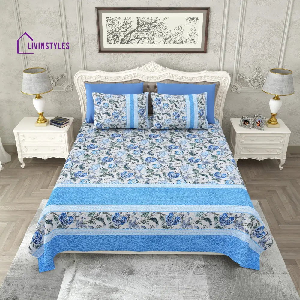 Grey And Blue Floral Print Super King Cotton Bed Sheet With 2 Pillow Covers