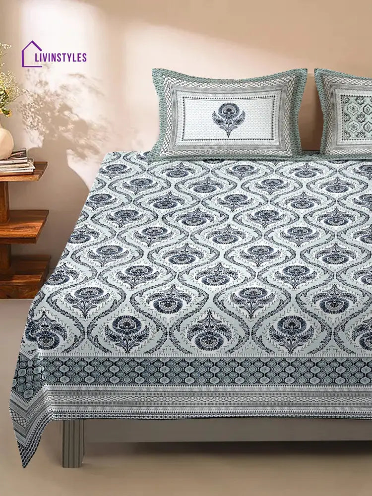 Grey And Green Ethnic Motif 180 Tc Cotton Super King Bed Sheet With 2 Pillow Covers