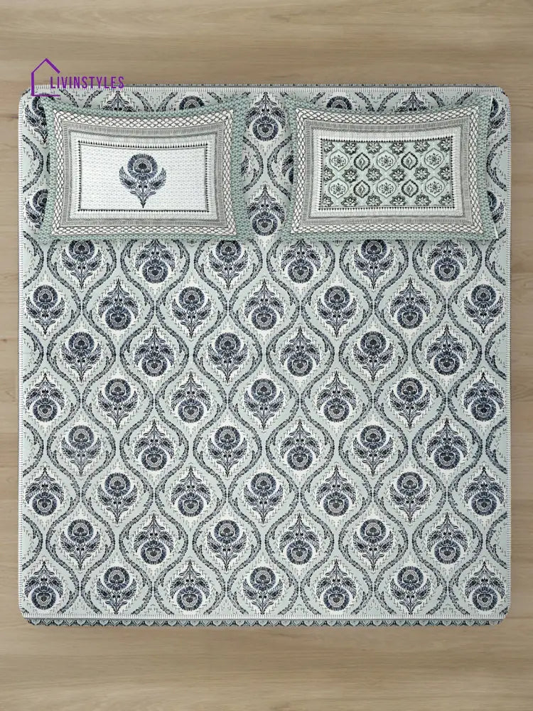 Grey And Green Ethnic Motif 180 Tc Cotton Super King Bed Sheet With 2 Pillow Covers