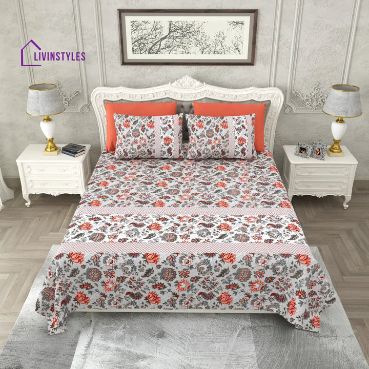 Grey And White Floral Print Super King Cotton Bed Sheet With 2 Pillow Covers