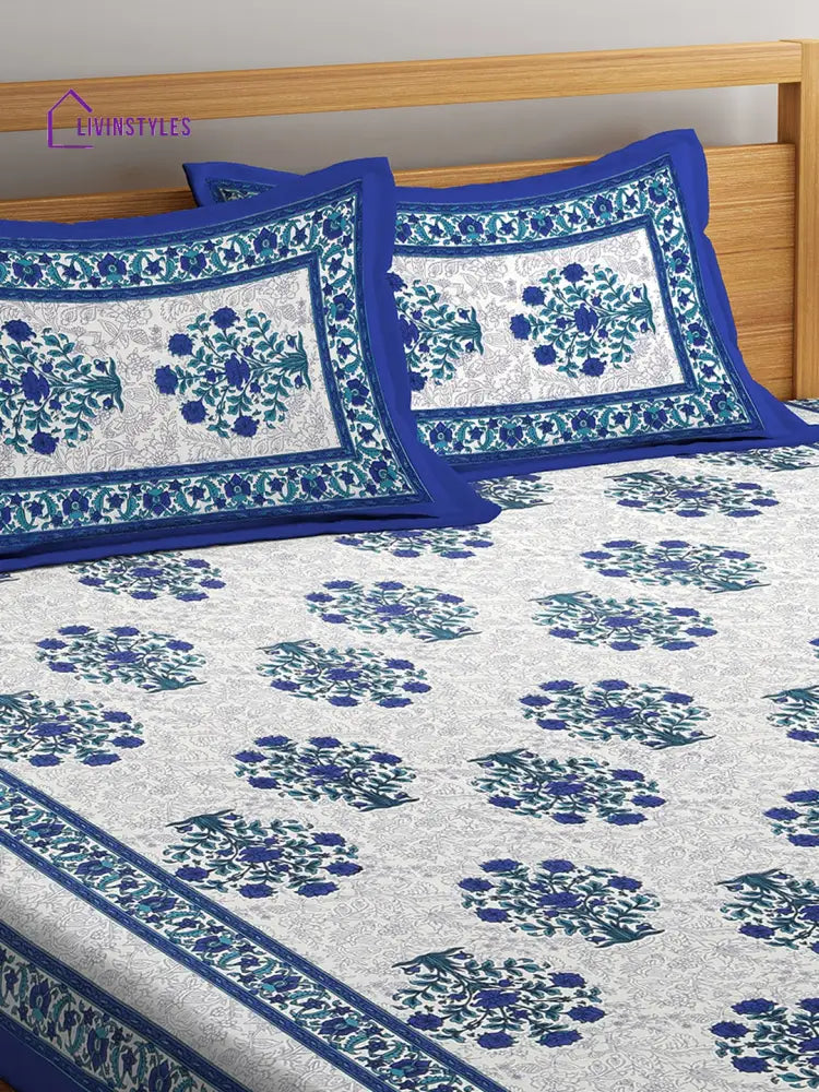 Hand Screen Floral Indigo Double Size Bedsheet With 2 Pillow Coverss