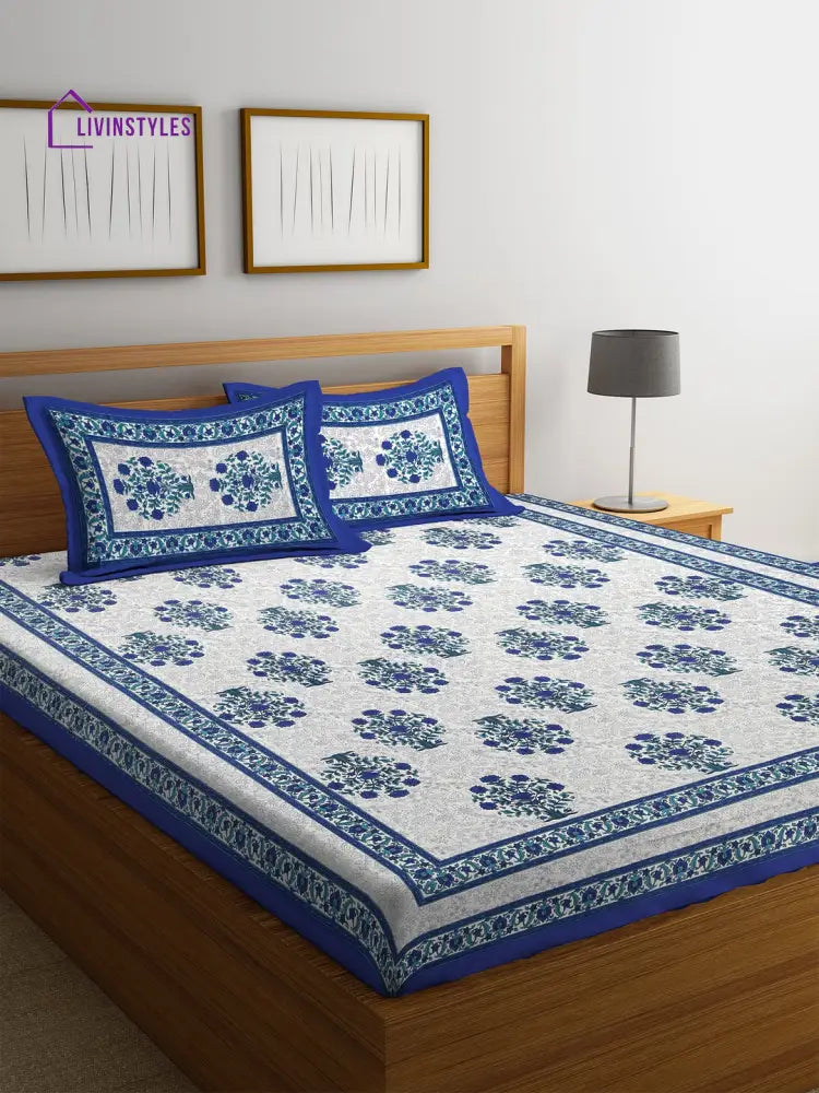 Hand Screen Floral Indigo Double Size Bedsheet With 2 Pillow Coverss