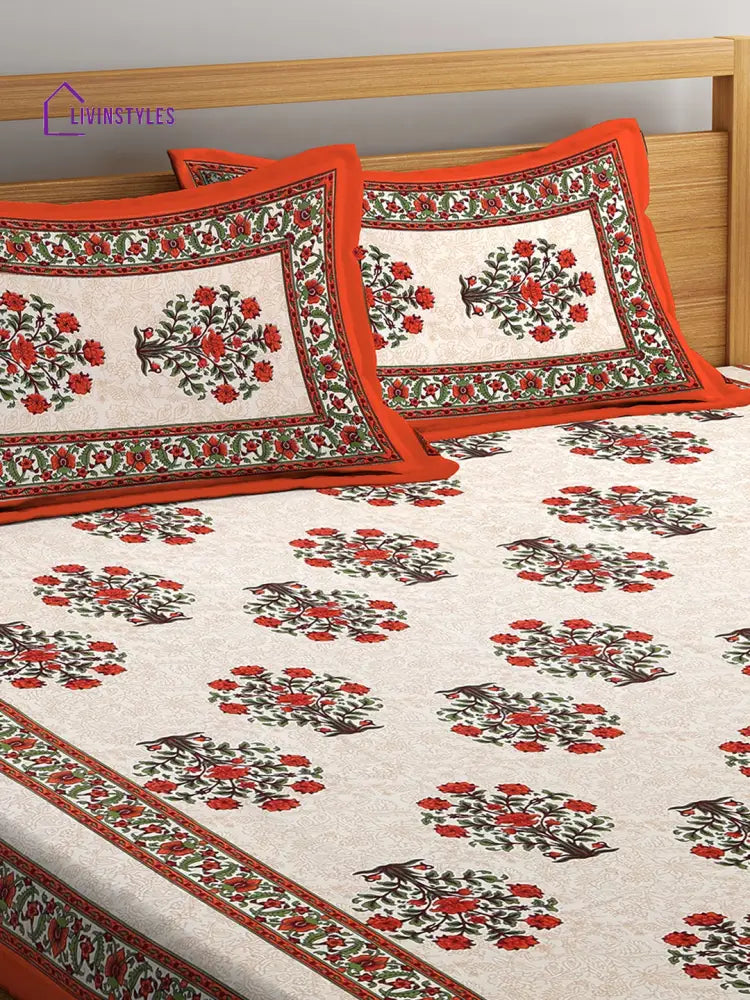 Hand Screen Floral White And Orange Double Size Bedsheet With 2 Pillow Coverss