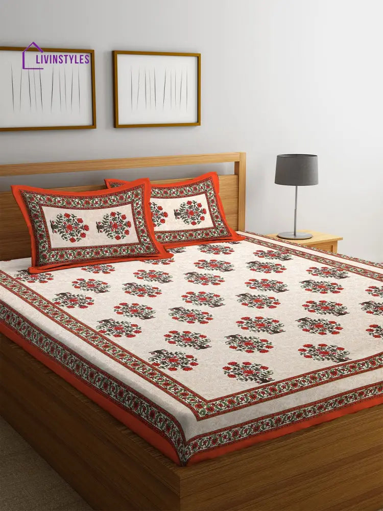 Hand Screen Floral White And Orange Double Size Bedsheet With 2 Pillow Coverss