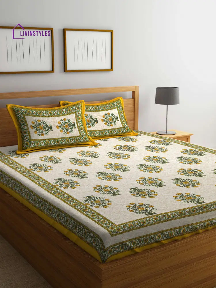 Hand Screen Floral White And Yellow Double Size Bedsheet With 2 Pillow Coverss