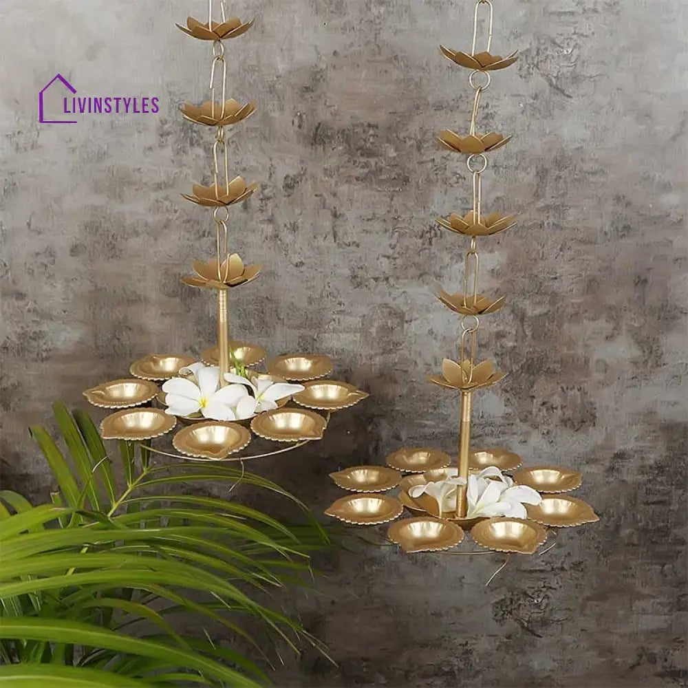 Hanging Lotus Flames Urli Diya | Gold Set Of 2