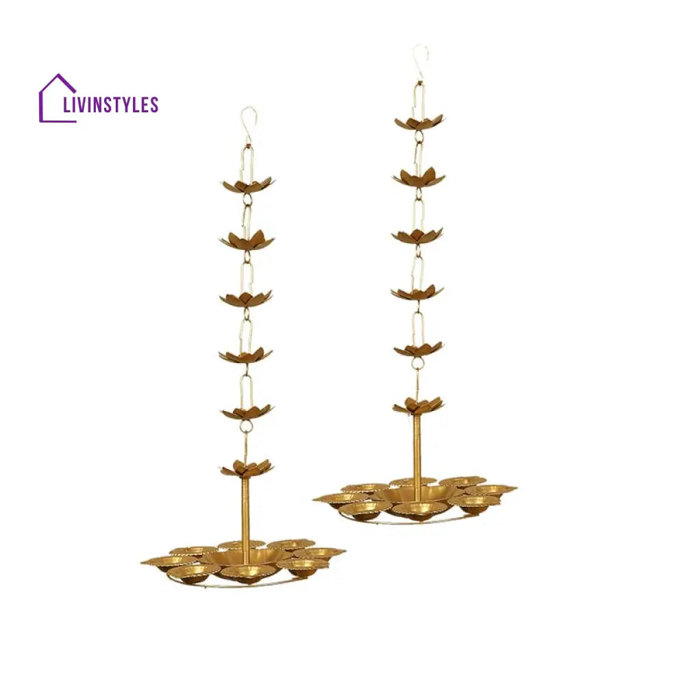 Hanging Lotus Flames Urli Diya | Gold Set Of 2