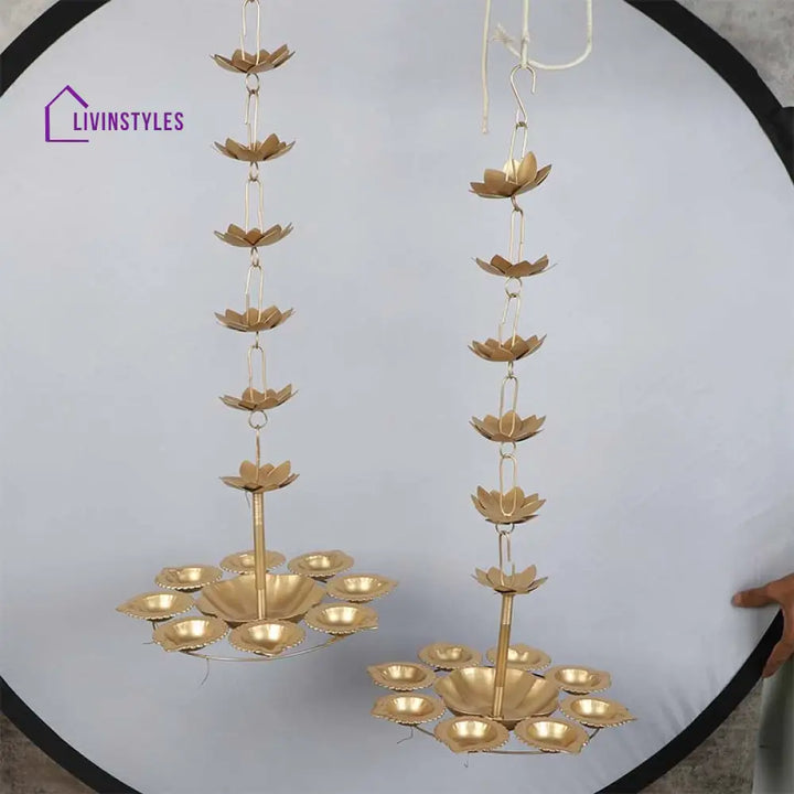 Hanging Lotus Flames Urli Diya | Gold Set Of 2