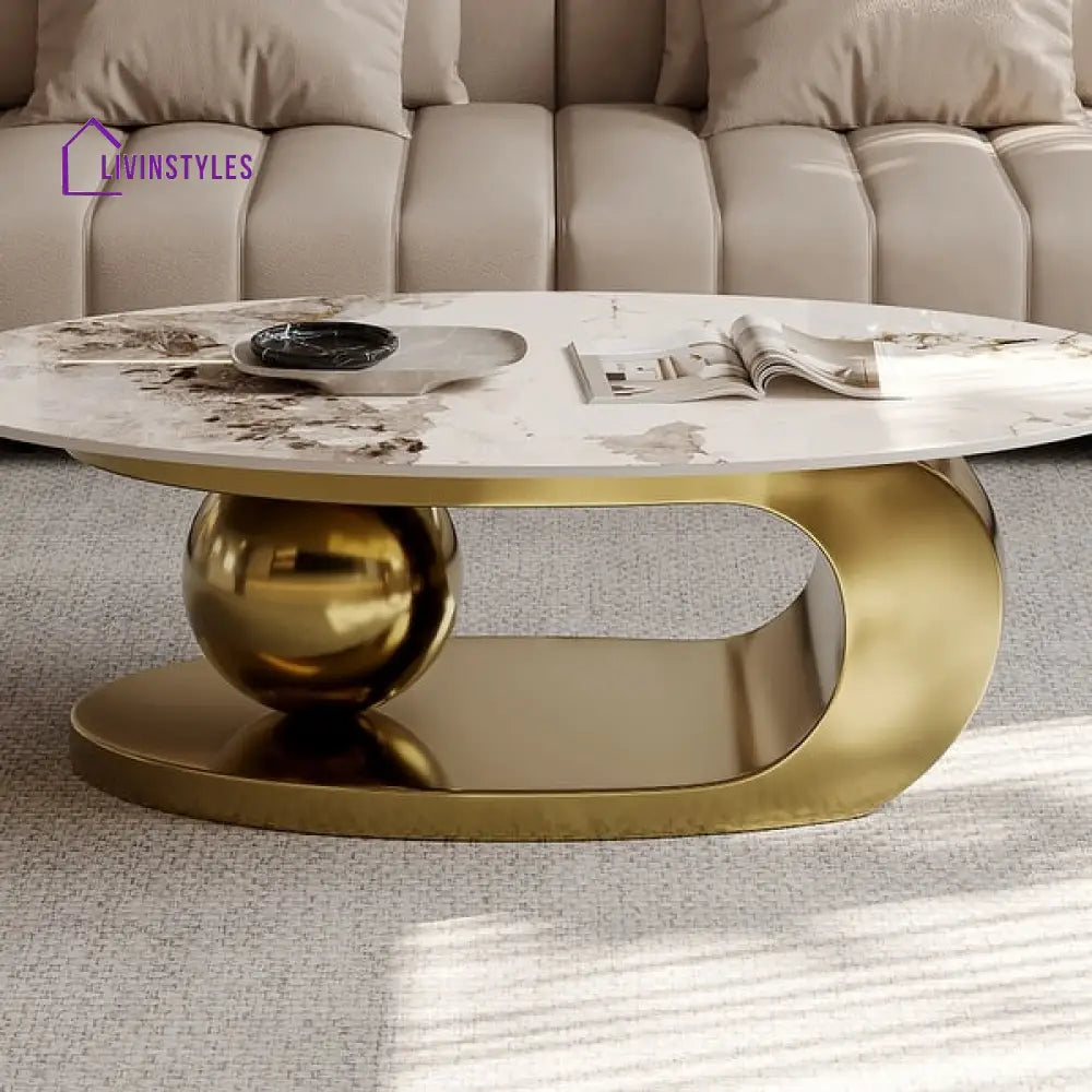 Hardik Oval Coffee Table With Marble Top - Stainless Steel Pvd Coated