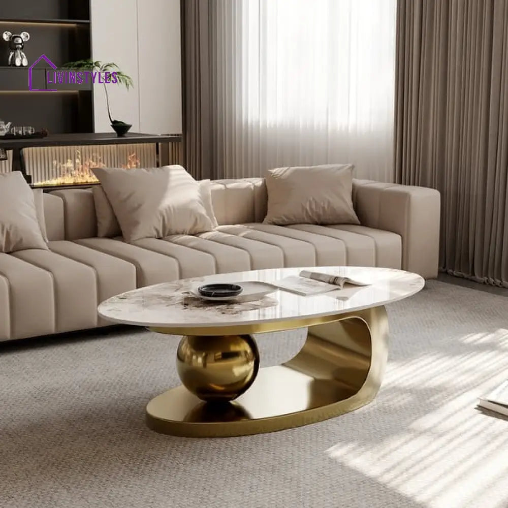 Hardik Oval Coffee Table With Marble Top - Stainless Steel Pvd Coated