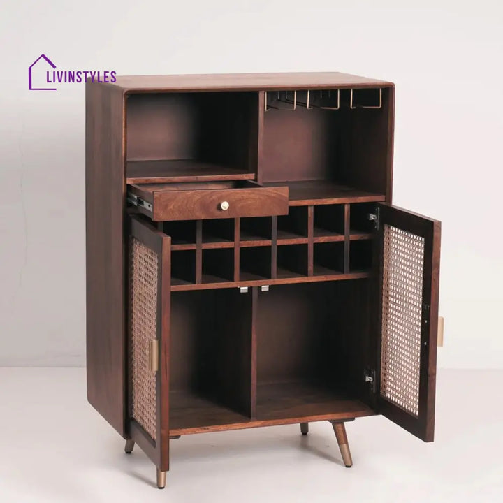 Hardik Solid Wood Rattan Cane Bar Cabinet With Glass Holder Storage