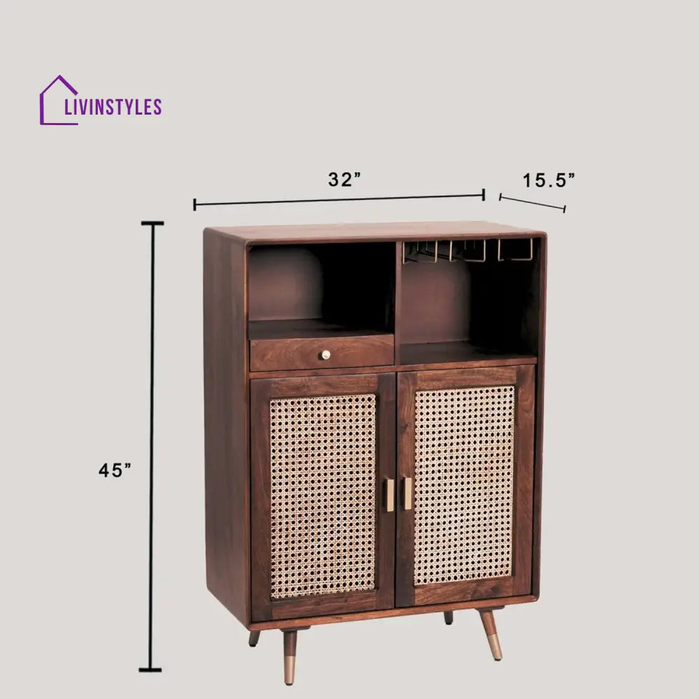 Hardik Solid Wood Rattan Cane Bar Cabinet With Glass Holder Storage