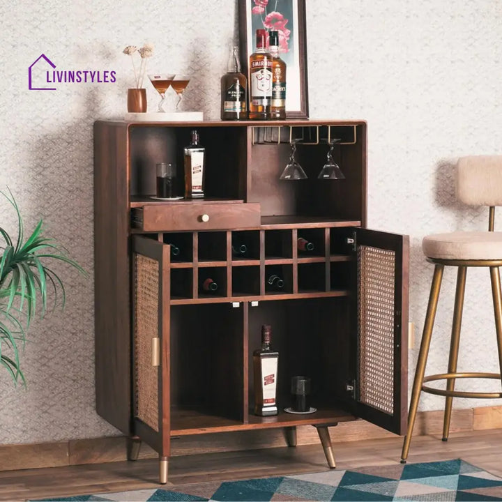 Hardik Solid Wood Rattan Cane Bar Cabinet With Glass Holder Storage