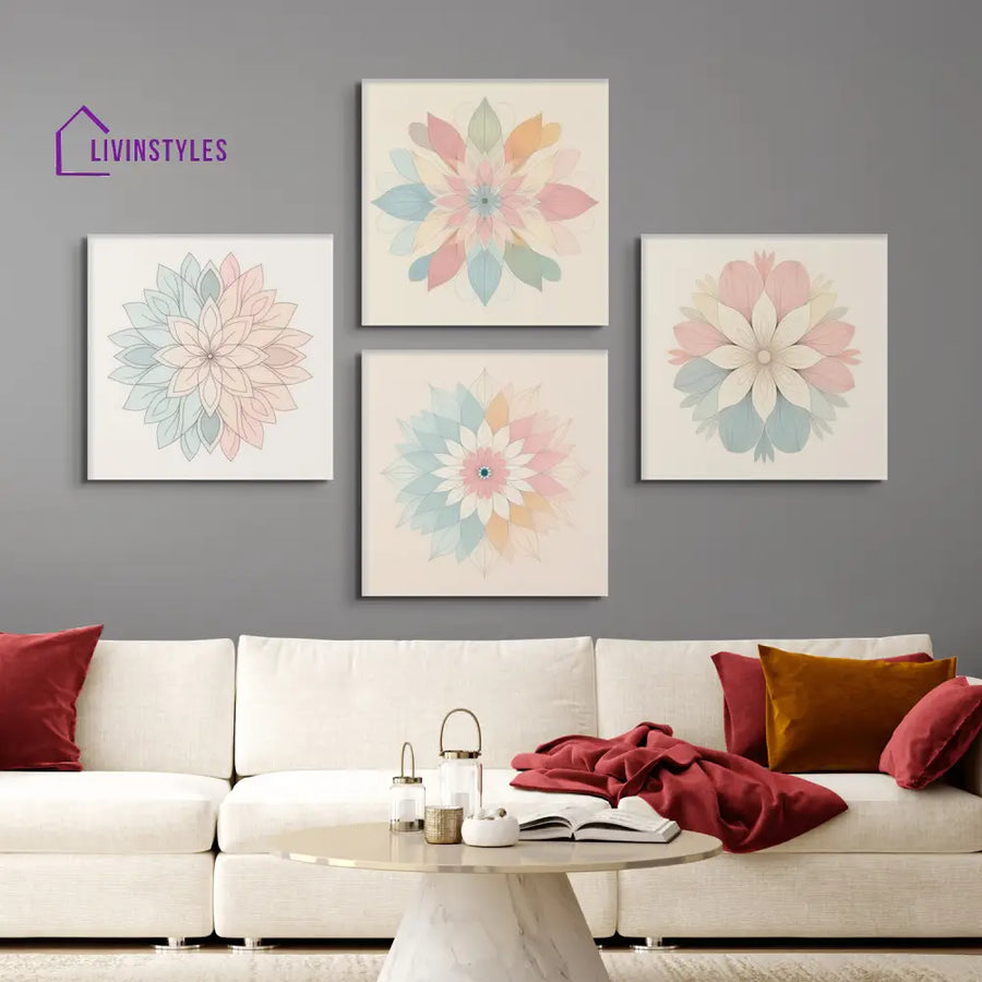 Harmonious Floral Beauty On Beige Canvas Painting Set Of 4 Wall