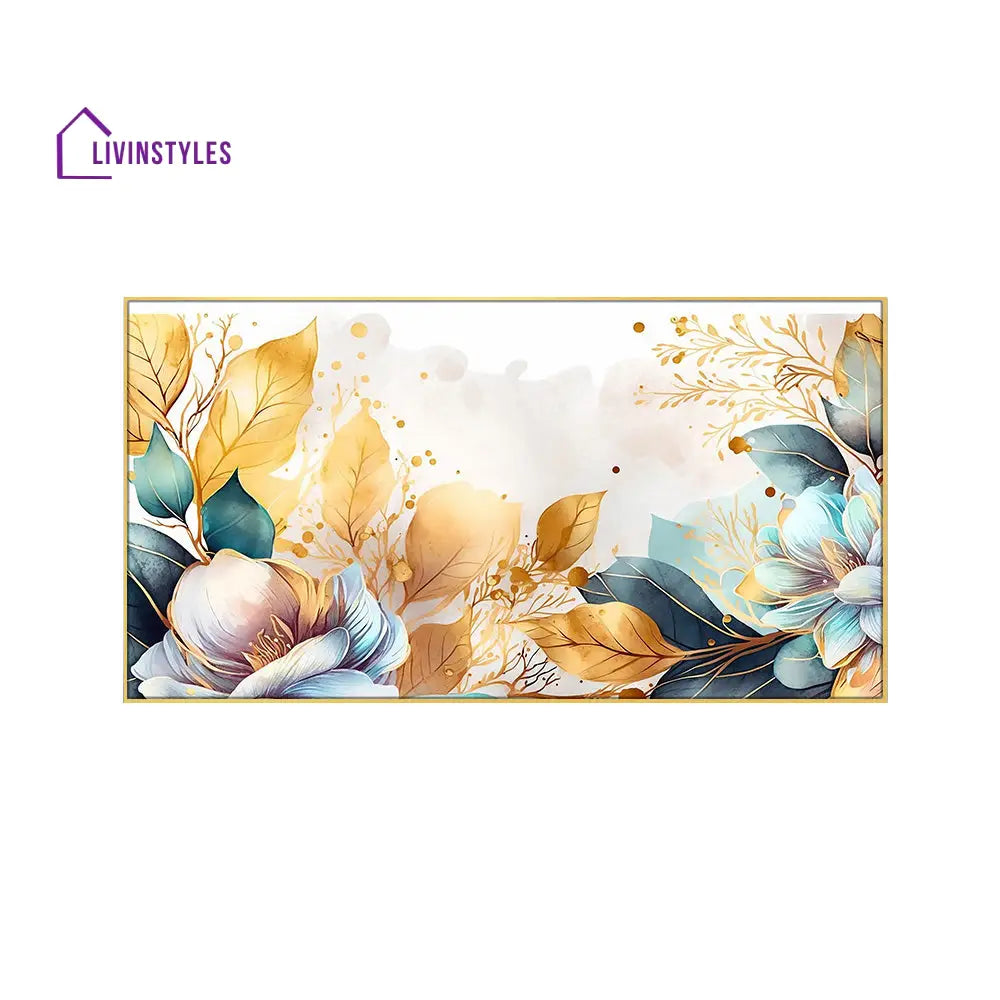 Harmonious Gold And Blue Blooms Wall Painting