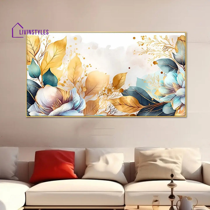 Harmonious Gold And Blue Blooms Wall Painting